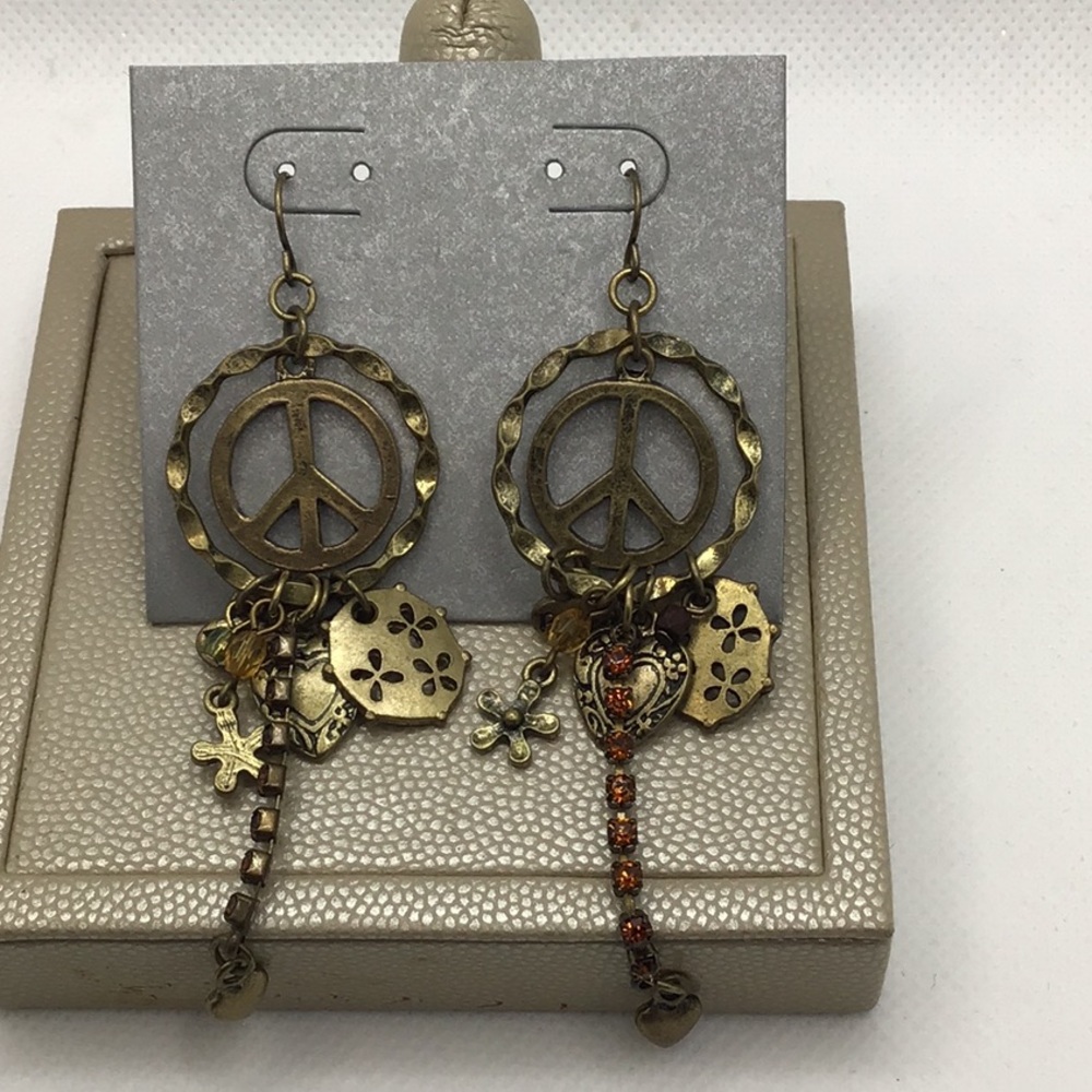 Boho Brushed Gold Peace Dangle Charm Earrings /Box
